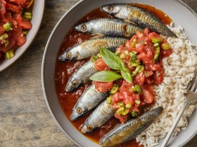 Sardinha na panela de pressão simples e fácil, servida em um prato com molho de tomate e salsinha, acompanhada de arroz branco.